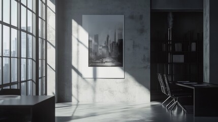 Modern grey conference room interior with blank poster frame on wall, large white meeting table, black ergonomic office chairs, and minimalist corporate workspace design




