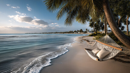 Serene Beachside Hammock: A tranquil scene unfolds as a hammock sways gently beneath a palm tree, overlooking a pristine sandy beach and the calm ocean.