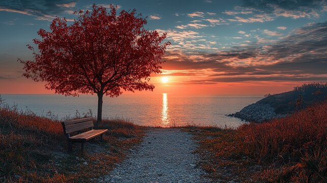 Peaceful sunset over the ocean with a lone tree and park bench.