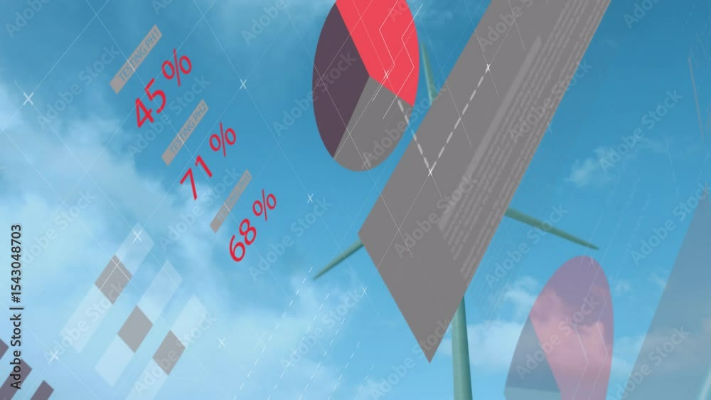 Poster turbine blade rotating chart bars sliding in red values popping up map filling showing energy data