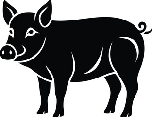 Simple black silhouette of a domesticated pig standing in a pasture