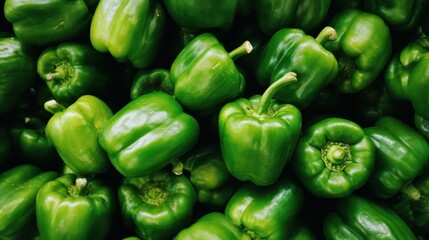 A delightful bunch of fresh green bell peppers piled together, showcasing their vibrant color and crispy texture, perfect for cooking or enjoying in healthy meals.