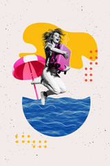 Obraz premium Image vertical artwork collage of happy girl jump water sea swimmer resort tourist hold suitcase parasol summer adventure rest