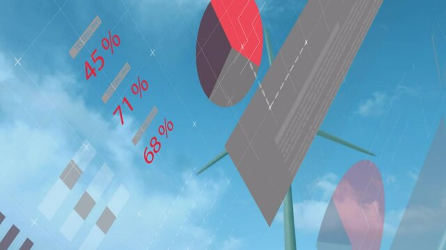 Turbine blade rotating chart bars sliding in red values popping up map filling showing energy data