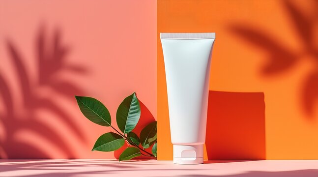 White cosmetic tube with green leaves on pink and orange background
