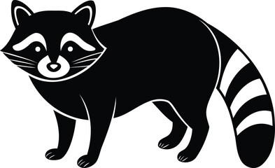Stylized black and white raccoon with striped tail standing on white background