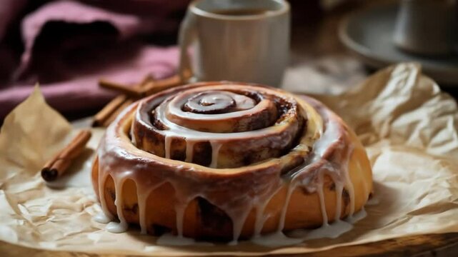 Delightful Cinnamon Roll Still Life: A Sweet Treat with Coffee Aroma