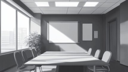 Modern grey conference room interior with blank poster frame on wall, large white meeting table, black ergonomic office chairs, and minimalist corporate workspace design