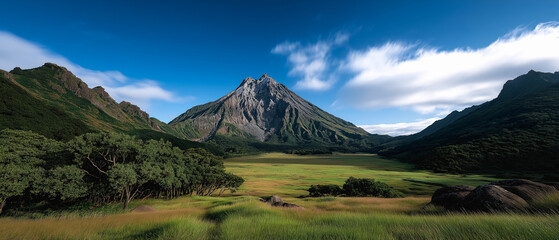 Naklejka premium Majestic Mountain Valley: A stunning panoramic view showcasing a verdant valley cradled by towering mountains, their peaks kissed by a brilliant blue sky and scattered clouds.