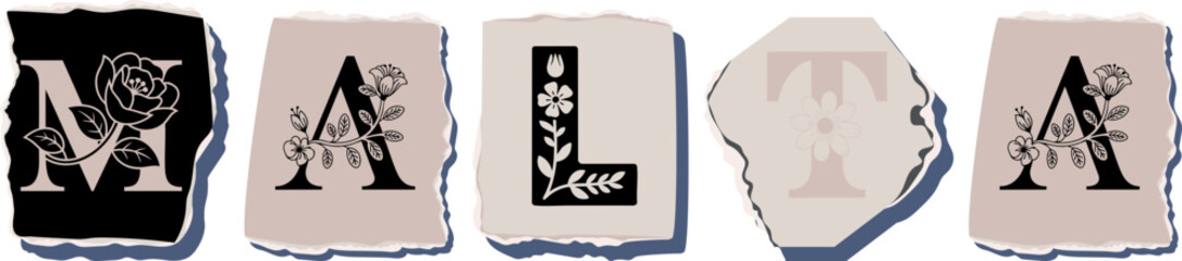 MALTA Floral Typography of a Country Name � Elegant Torn Paper Letter Design