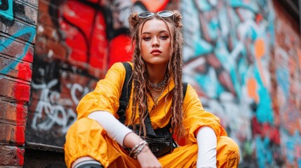 A striking portrait of a fashionable young woman in a bright yellow outfit, posing confidently against a vibrant graffiti wall, showcasing modern urban style and individuality.