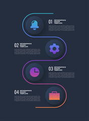 Neumorphism dark vertical infographic template. Four steps or processes with business icons and text