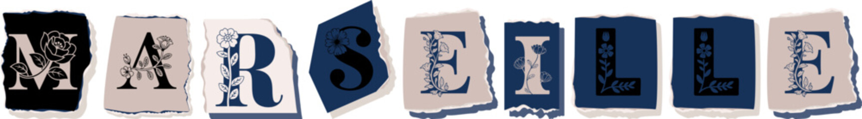 MARSEILLE Floral Typography of a Travel Destination � Elegant Torn Paper Letter Design