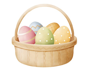 Watercolor easter eggs in basket on transparent background.