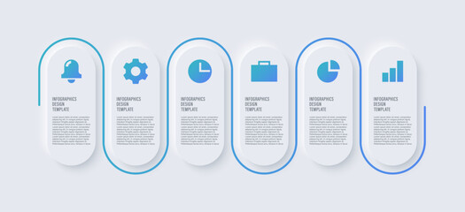 Neumorphic infographic template. Six steps of a process with icons and space for data.