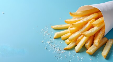 Salted french fries in a paper cone on blue background