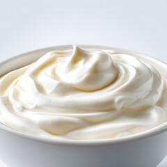 Bowl of Plain White Yogurt Top View Isolated On White