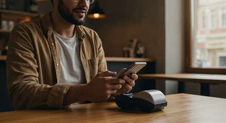 Man using mobile phone for contactless payment at cafe