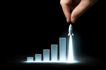 A hand launches a glowing rocket from a bar graph, symbolizing growth, success, and business acceleration in a dark digital environment.