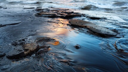 A stunning capture of oil on water, reflecting a beautiful sunset, creating a mesmerizing interplay of colors and texture, illustrating nature's fascinating duality.
