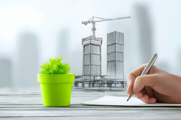 A hand sketches high-rise buildings under construction beside a green potted plant, symbolizing sustainable urban development and eco-friendly architecture.