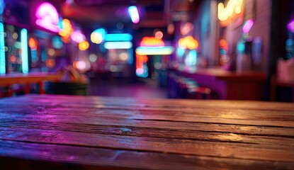 Wooden table in a vibrant nightlife setting.  Blurred interior with neon lights, bar area, and dimmed ambiance