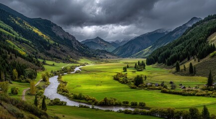 Naklejka premium Serene Alpine Valley A Journey to the Mountains