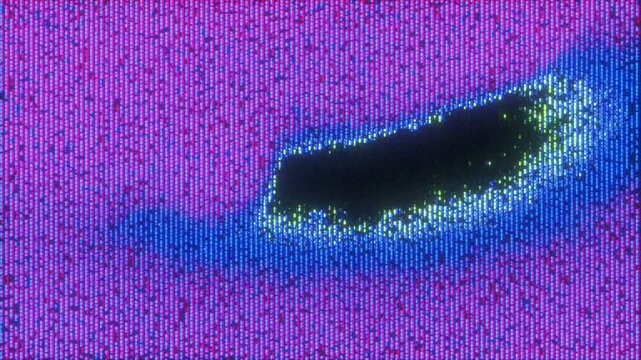 4K Seamless loop of abstract static glitch with purple, blue, and yellow pixel noise, analog distortion and VHS-style compression artifacts for motion graphics overlay, screen mode, retro tech glitch