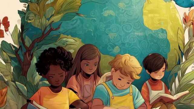 Whimsical 4K Illustration of Diverse Happy Children Reading Books Outdoors | Education, Diversity, Nature. 4k design video lf information study literature concept learn assorted cognitio
