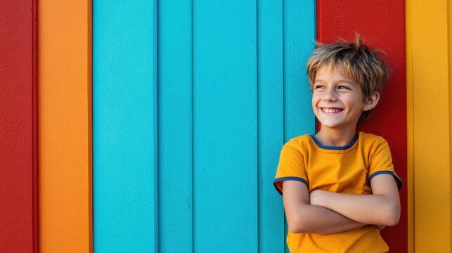 A smiling child with arms crossed leans against vibrant multicolored wooden fences, encapsulating the essence of youth, freedom, and joy in a lively and inviting setting.
