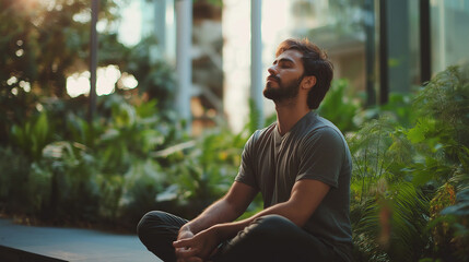 Peaceful man practices mindful meditation surrounded by lush greenery in serene garden.