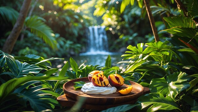 Grilled Peaches with Cream in Lush Tropical Waterfall Setting