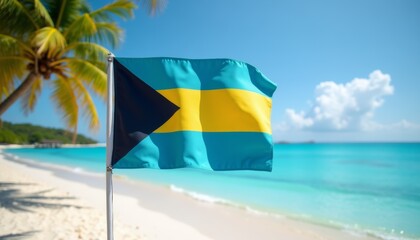 Bahamas flag fluttering proudly on a picturesque tropical beach with turquoise water, white sand, and palm trees under a clear blue sky. Ideal for tourism, travel marketing, and national pride themes.