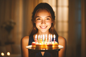 Happy young woman holding a glowing birthday cake with lit candles. Festive celebration indoors.