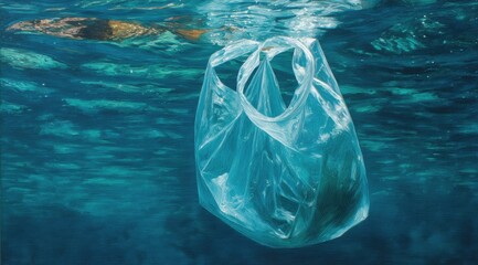 Fototapeta premium Clear Plastic Bag Drifting in Ocean Waters
