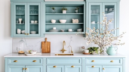 Serene Kitchen Design: An elegant kitchen space with pastel-colored cabinets and marble countertops, showcasing refined culinary elements for a modern interior.