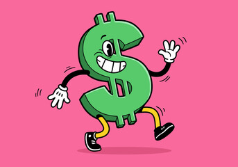 Cartoon dollar sign with arms  legs smiling retro style on pink background