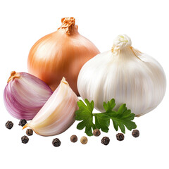 Vibrant garlic and onion with peppercorn and parsley on bright background, Garlic and onion with peppercorn and parsley isolated on white background © Ifti Digital