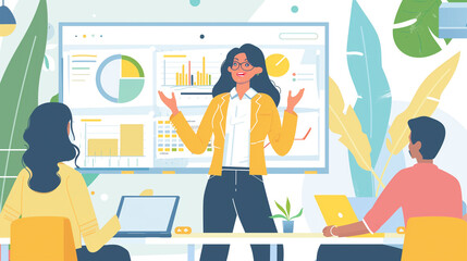 Modern Corporate Office with Boss, Employees, and Team Meeting in Progress and  Professional Workplace Environment Showcasing Leadership, Collaboration, and Interior Design.

