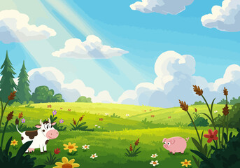 Fototapeta premium Cartoon meadow scene with cow pig sunbeams flowers clouds in a bright landscape