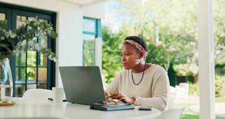 Laptop, backyard and black woman in home for remote work, creative career and copywriting. Happy,...