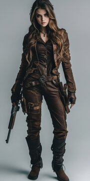 Steampunk Girl. Full-length Portrait of Victorian Brunette Girl in Airman Outfit, Holding Gun on Grey Studio Background