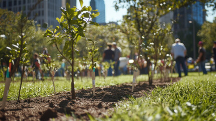 High-fidelity aerial views of urban tree planting initiatives in city parks and community impact