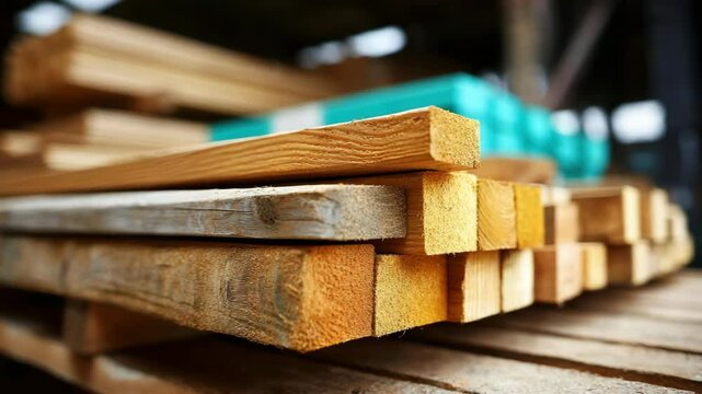 Stack of wooden planks lumberyard with close up texture and natural grain, ideal for construction, carpentry, woodworking projects, timber material, and rustic lumber stack horizontal building supply