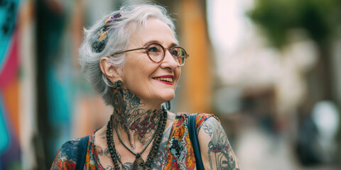 Happy tattooed stylish elderly old woman in tattoos on the street in city