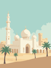 Oman - Sultan Qaboos Grand Mosque, Wahiba Sands, Nizwa Fort in mosque white, sand dune, fort stone, and palm green