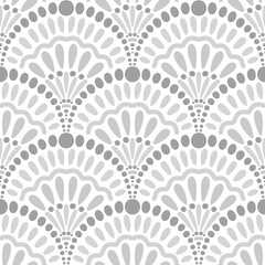 Scallop shape dotted seamless pattern in grey and white colors. Monochromatic gray dots in hand drawn repeat endless background. Raster illustration for fabric, packaging, textile, apparel, wallpaper