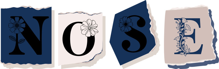 NOSE Floral Typography of a Concept Word � Elegant Torn Paper Letter Design