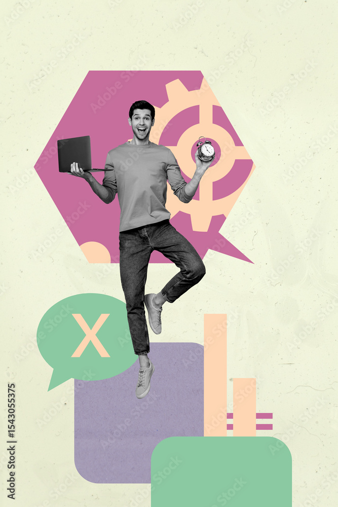 Poster Image vertical photo pop collage of happy girl guy send receive message notification speech chat networking dialogue gearwheel