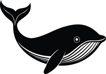 Stylized black and white drawing of a whale swimming gracefully through water